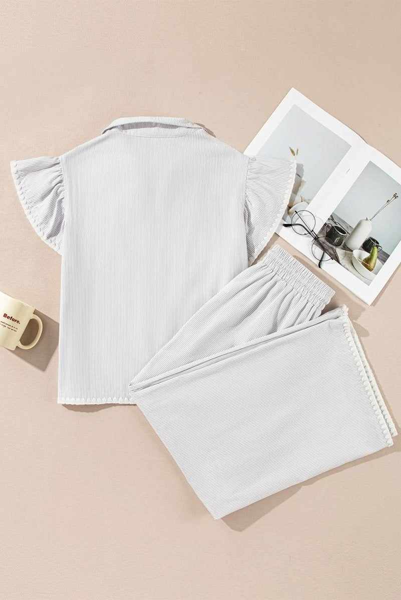 Gray Striped Short Sleeve Zipped Collar Top & Wide Leg Pants Set - Love Salve