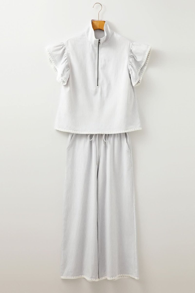 Gray Striped Short Sleeve Zipped Collar Top & Wide Leg Pants Set - Love Salve