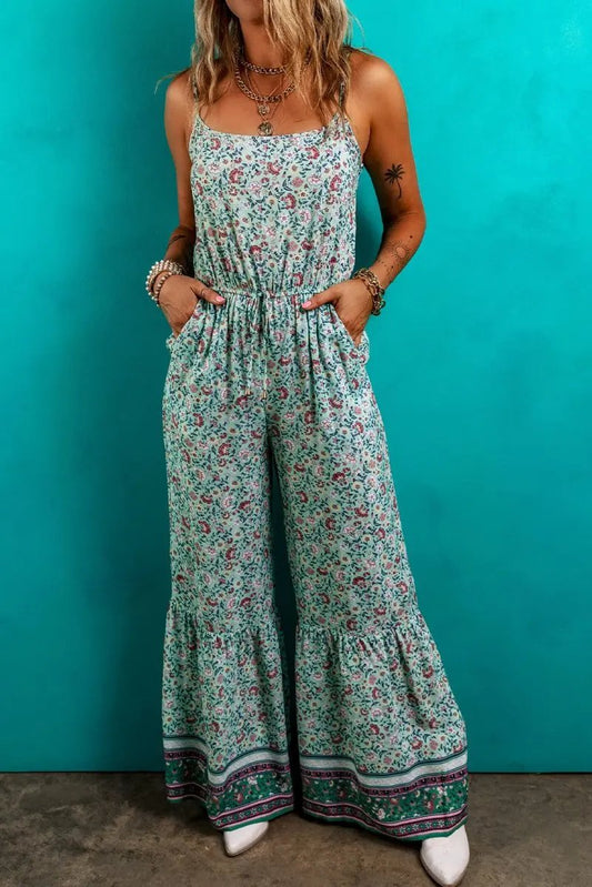 Green Bohemian Floral Ruffle Bottom Spaghetti Strap Jumpsuit - Love Salve