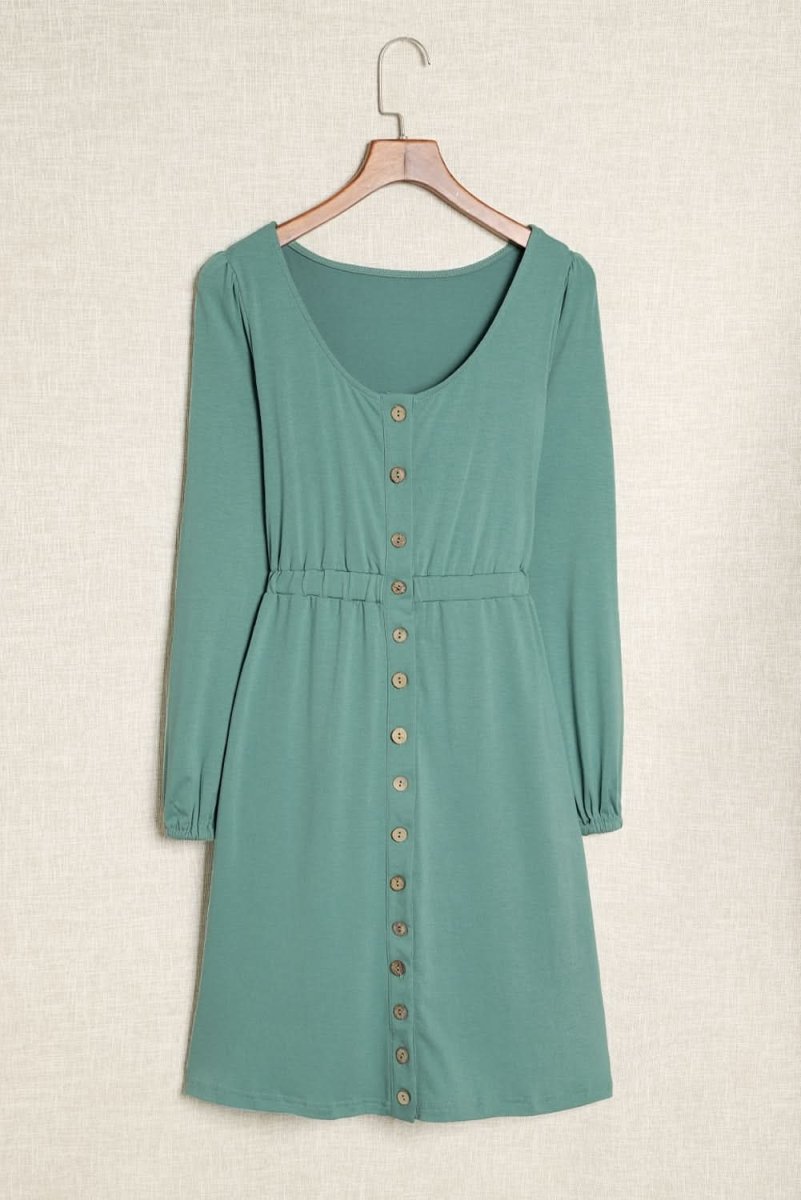 Green Button Up High Waist Long Sleeve Dress - Love Salve