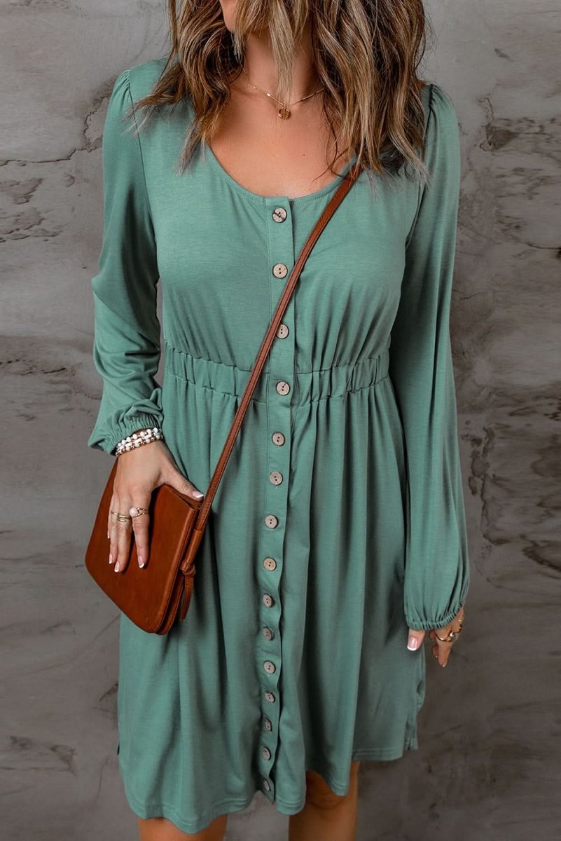 Green Button Up High Waist Long Sleeve Dress - Love Salve