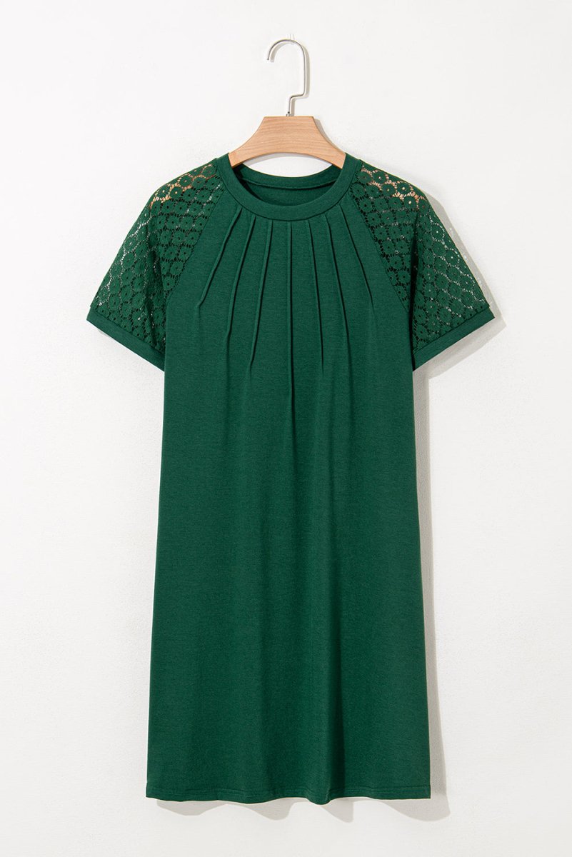 Green Contrast Lace Raglan Sleeve Pleated Detail Shift Dress - Love Salve