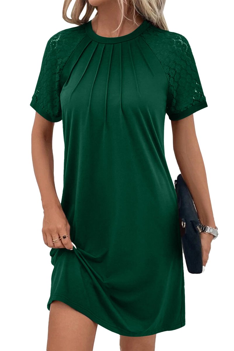 Green Contrast Lace Raglan Sleeve Pleated Detail Shift Dress - Love Salve