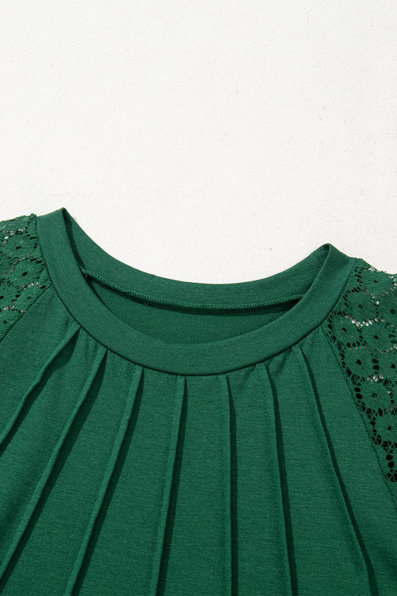 Green Contrast Lace Raglan Sleeve Pleated Detail Shift Dress - Love Salve