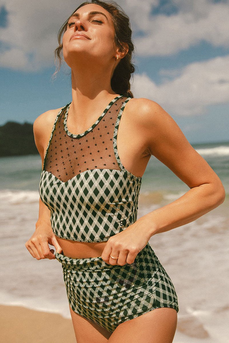 Green Dotted Mesh Plaid Patchwork High Waisted Bikini Set - Love Salve