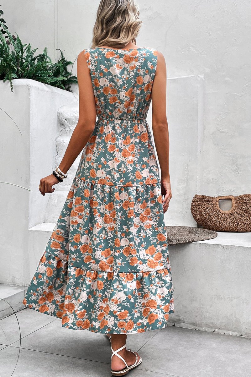 Green Floral Print Trimmed V Neck Tie Waist Sleeveless Dress - Love Salve