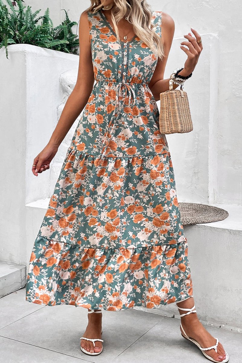 Green Floral Print Trimmed V Neck Tie Waist Sleeveless Dress - Love Salve