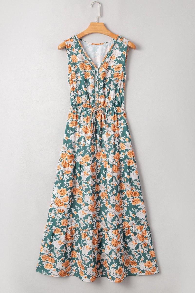 Green Floral Print Trimmed V Neck Tie Waist Sleeveless Dress - Love Salve