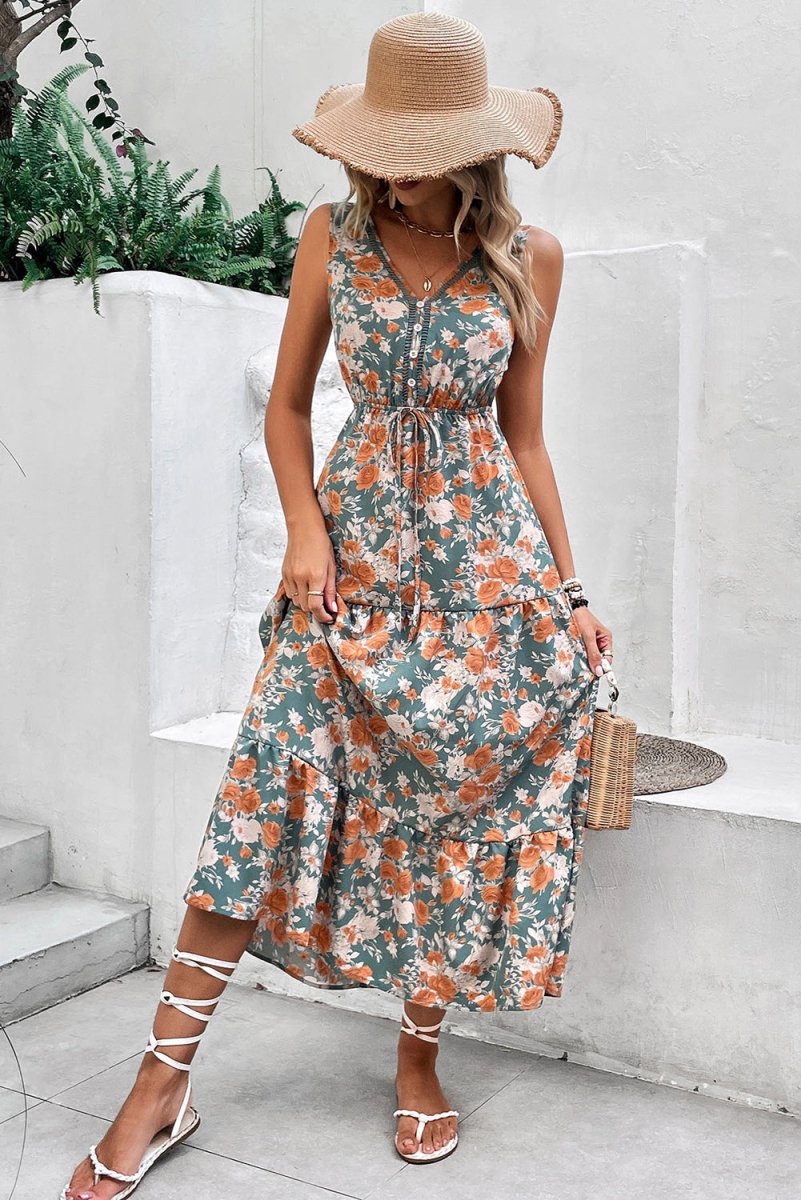 Green Floral Print Trimmed V Neck Tie Waist Sleeveless Dress - Love Salve