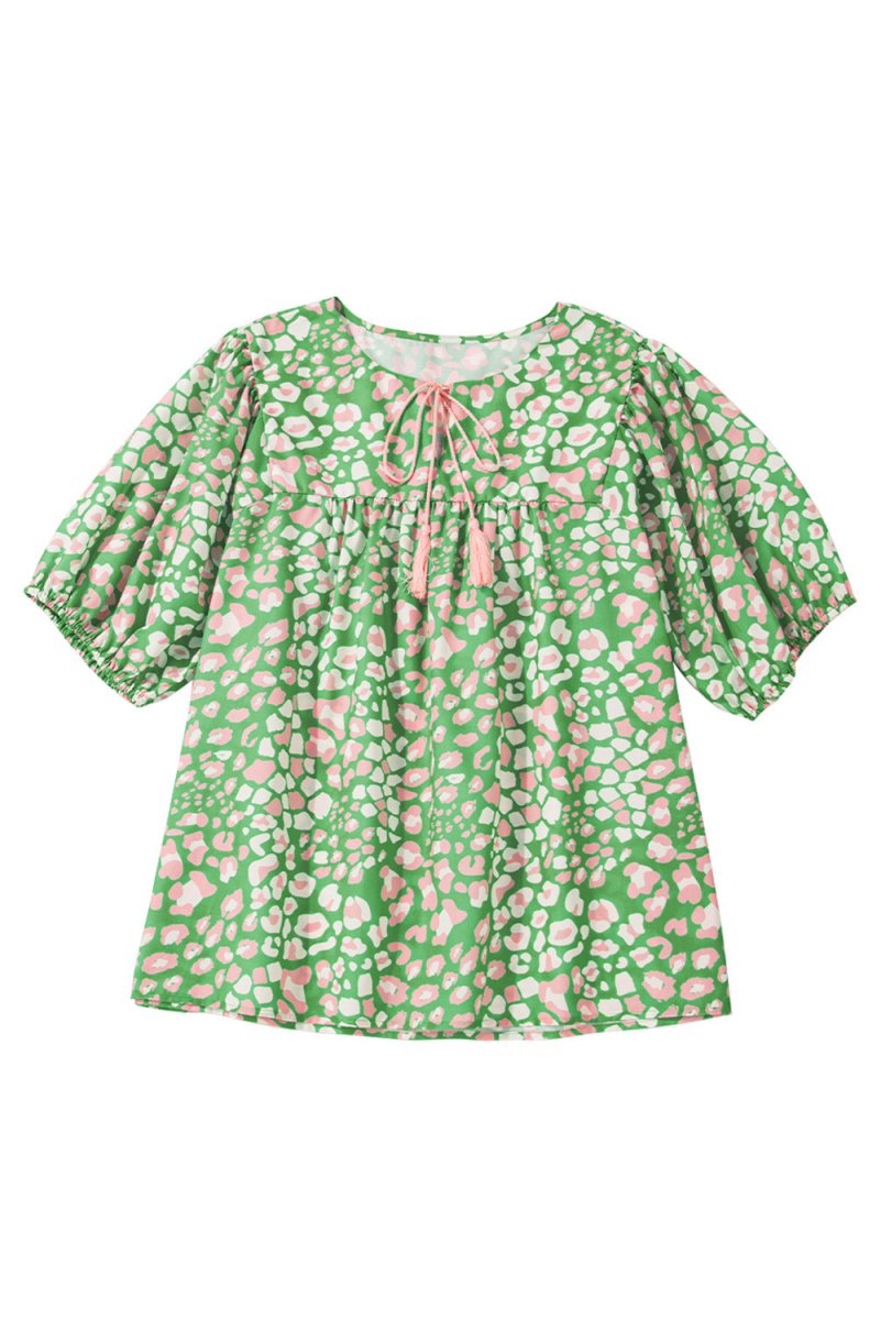 Green Plus Size Floral Tassel Tie Split Neck Puff Sleeve Blouse - Love Salve