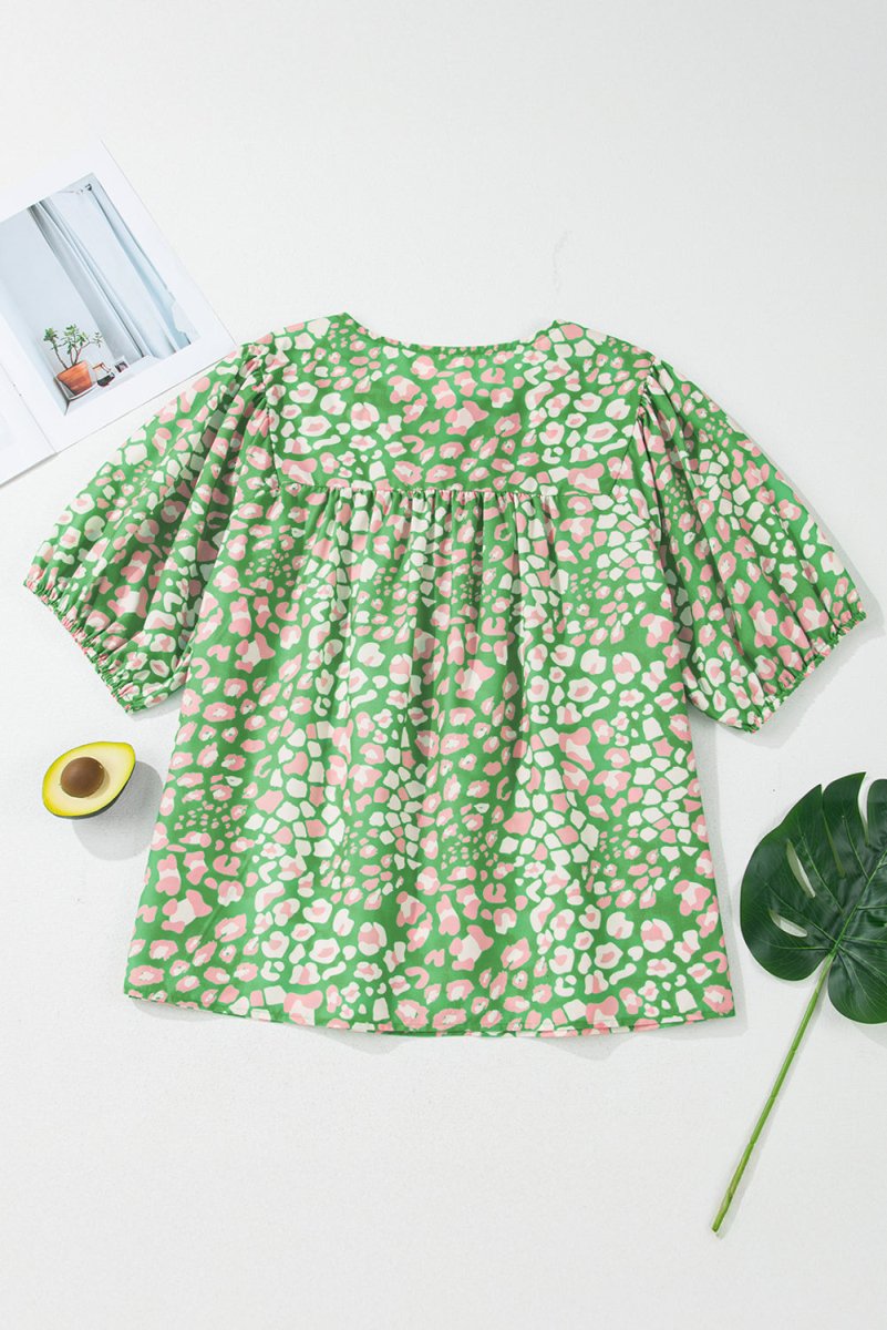Green Plus Size Floral Tassel Tie Split Neck Puff Sleeve Blouse - Love Salve