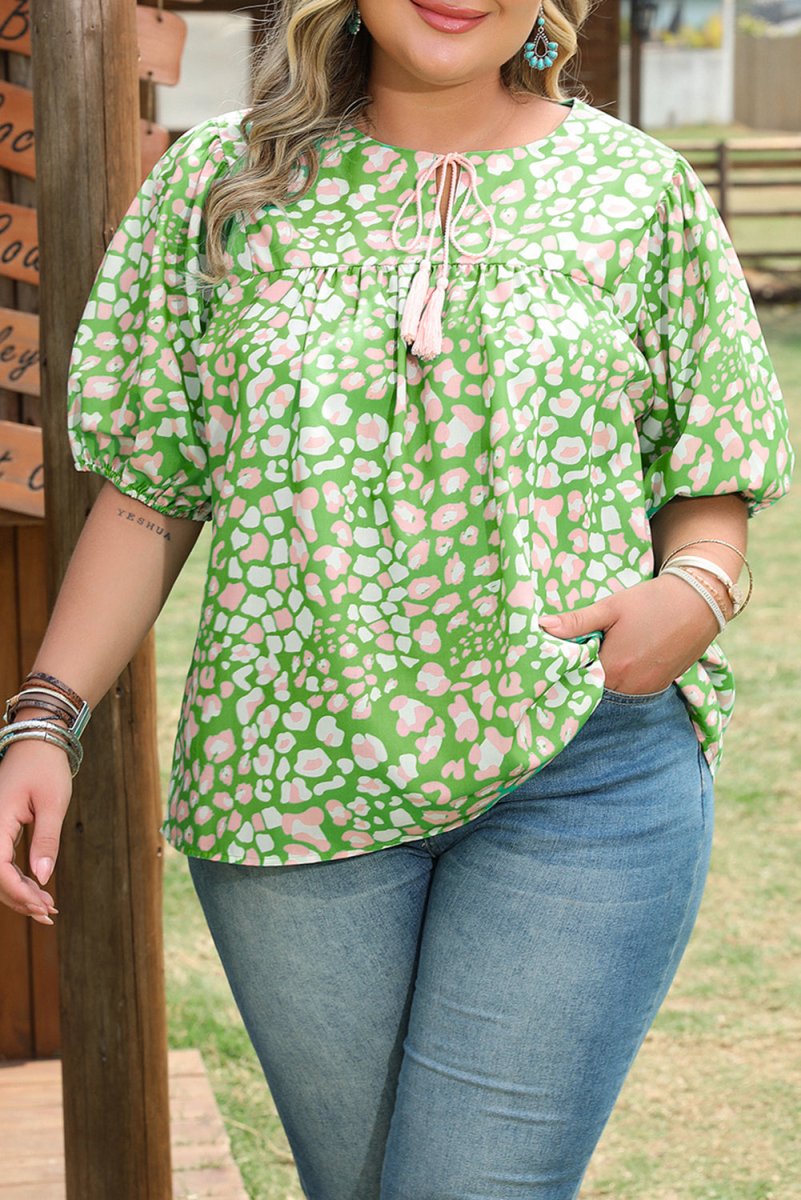 Green Plus Size Floral Tassel Tie Split Neck Puff Sleeve Blouse - Love Salve
