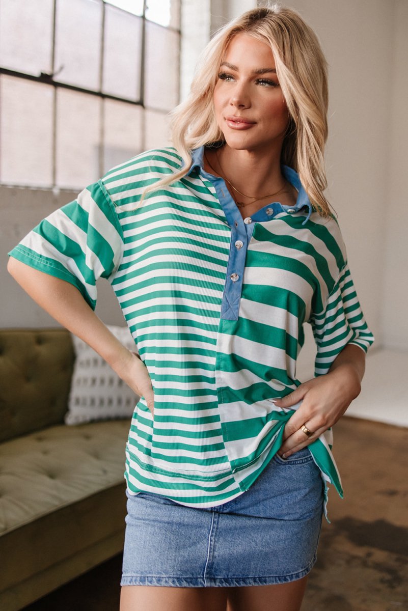 Green Stripe Colorblock Collar Half Buttons T Shirt - Love Salve