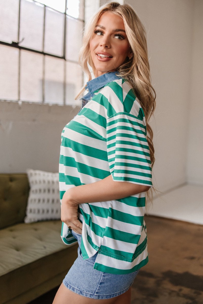 Green Stripe Colorblock Collar Half Buttons T Shirt - Love Salve