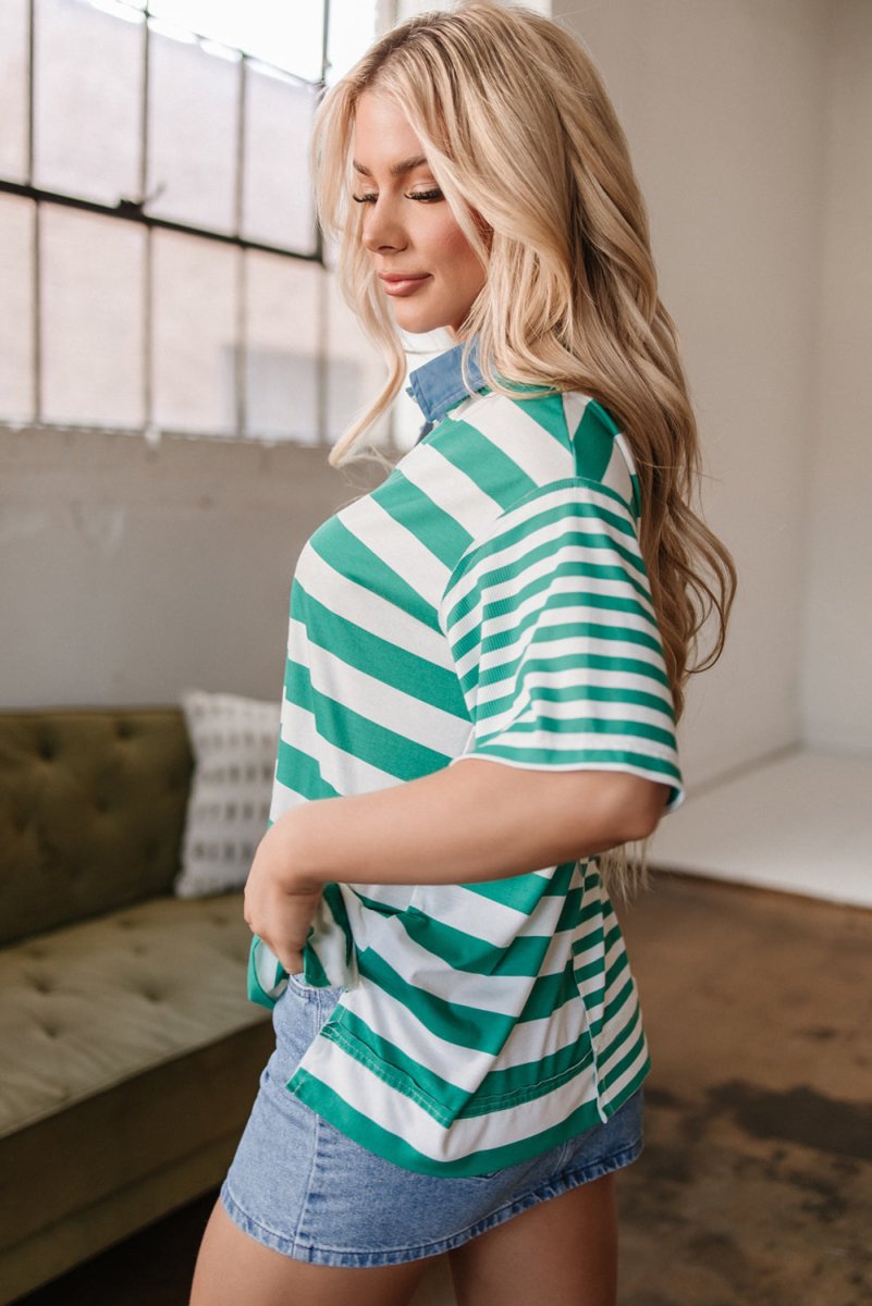 Green Stripe Colorblock Collar Half Buttons T Shirt - Love Salve