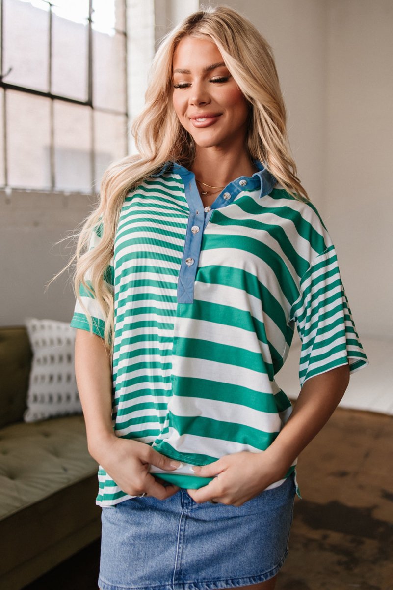Green Stripe Colorblock Collar Half Buttons T Shirt - Love Salve