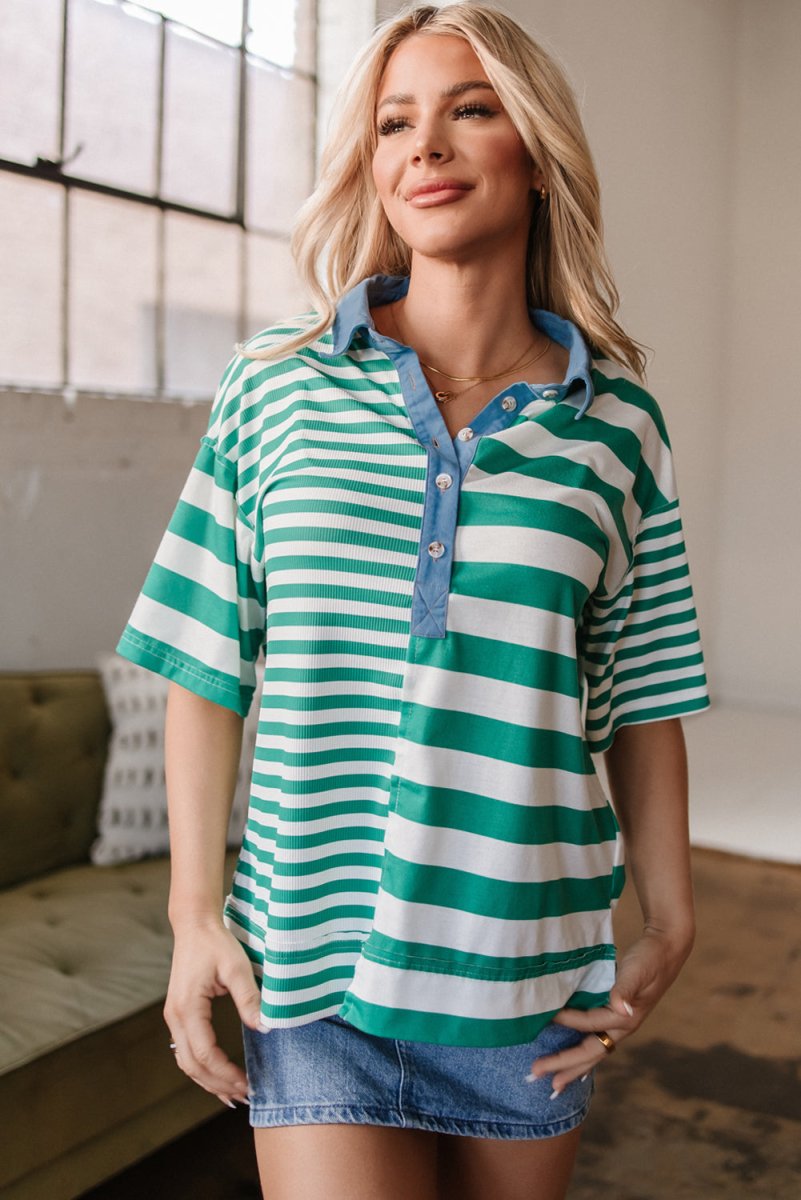 Green Stripe Colorblock Collar Half Buttons T Shirt - Love Salve