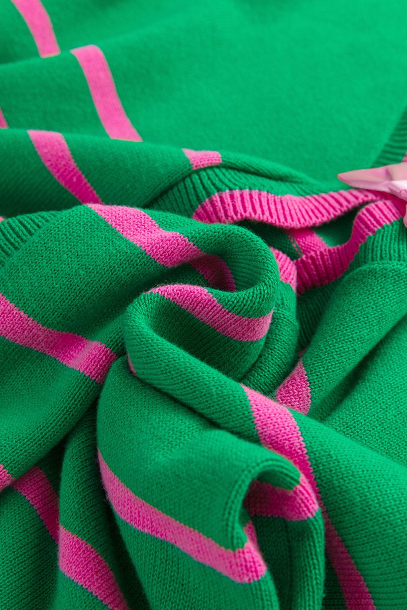 Green Stripe Ribbon Cute Bow Detail Sweater Knit Cardigan - Love Salve