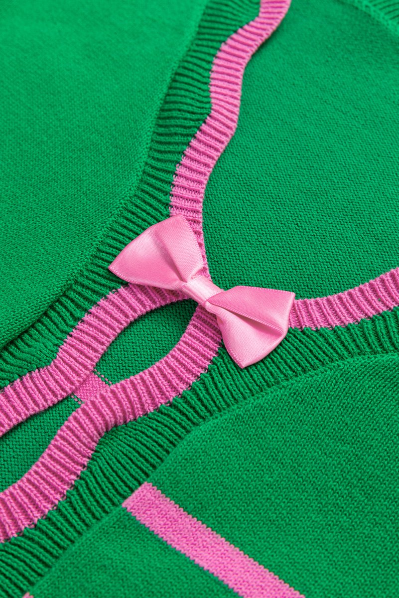Green Stripe Ribbon Cute Bow Detail Sweater Knit Cardigan - Love Salve