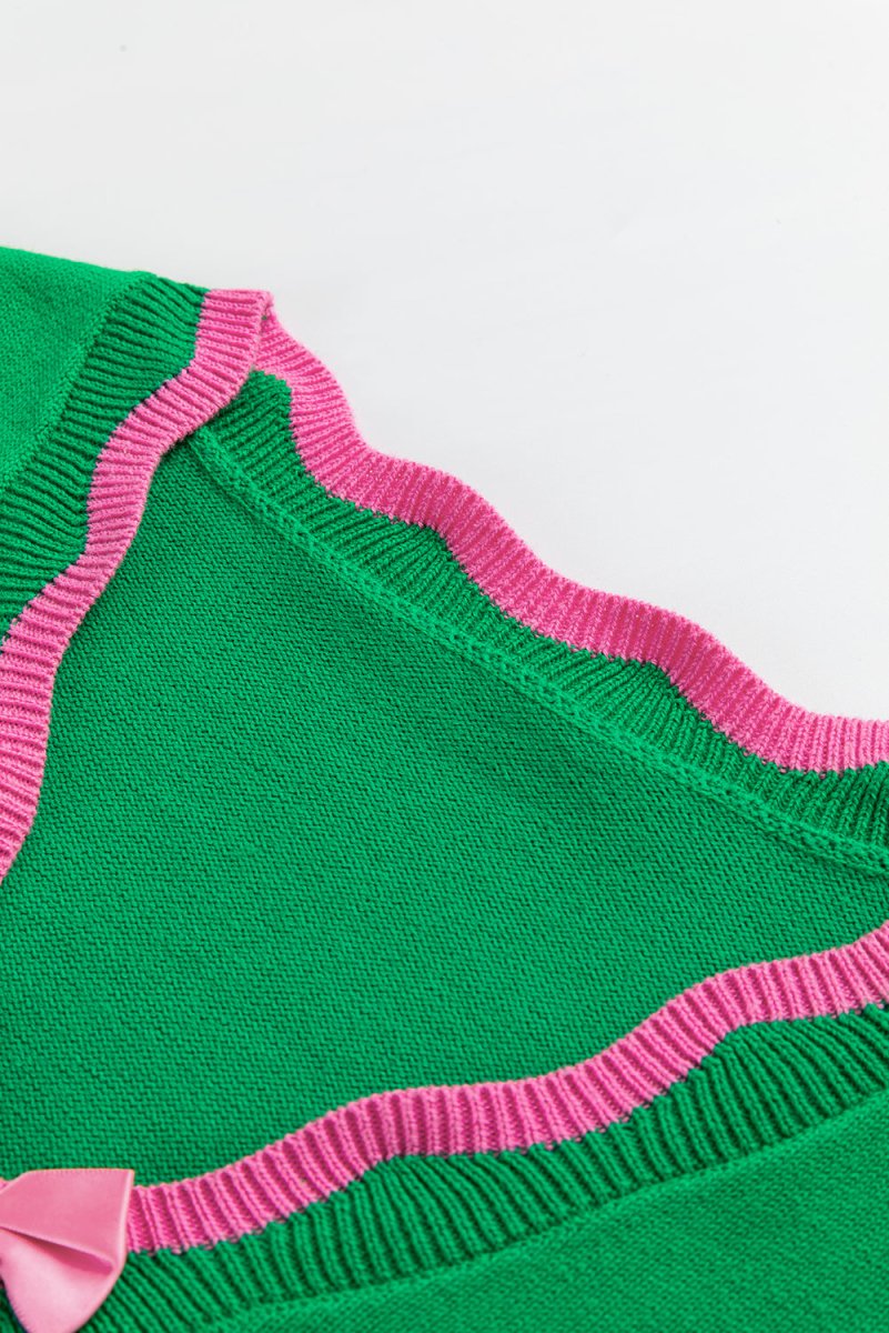 Green Stripe Ribbon Cute Bow Detail Sweater Knit Cardigan - Love Salve