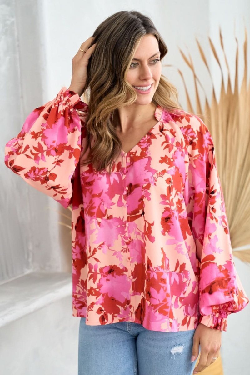 Hailey & Co Ruffle V-Neck Decor Button Floral Blouse - Love Salve