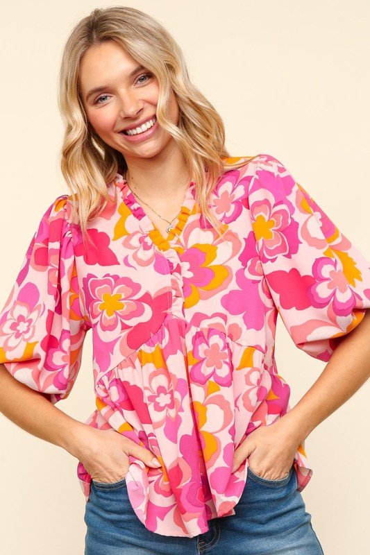 Haptics Full Size Frill Floral Puff Sleeve Blouse Women - Love Salve