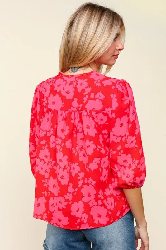 Haptics Full Size Ribbon Bow Floral Balloon Sleeve Blouse - Love Salve