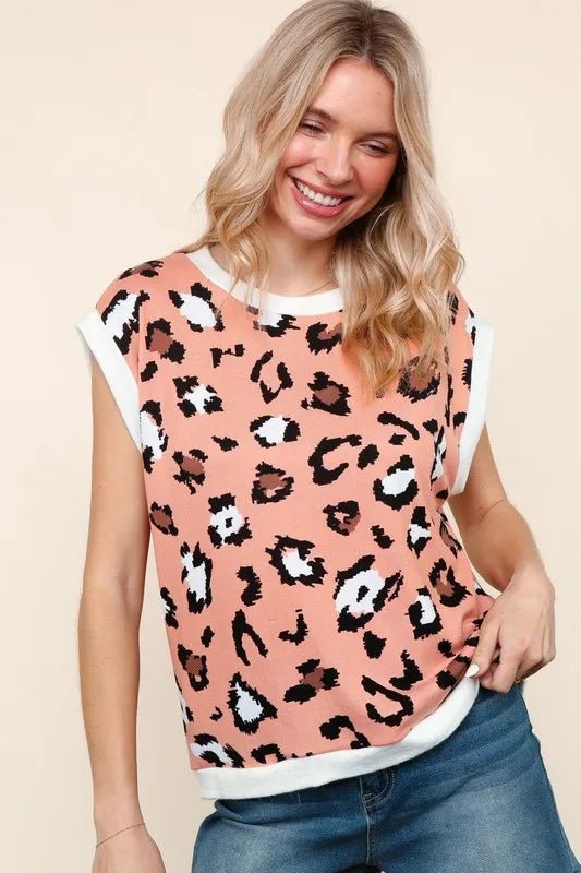 Haptics Leopard Print Dolman Cap Sleeve Knit Top for Women - Love Salve