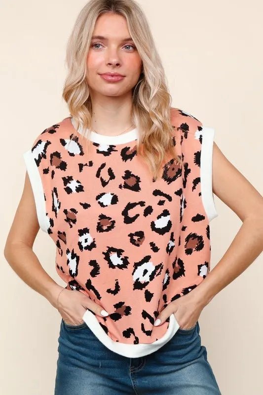 Haptics Leopard Print Dolman Cap Sleeve Knit Top for Women - Love Salve