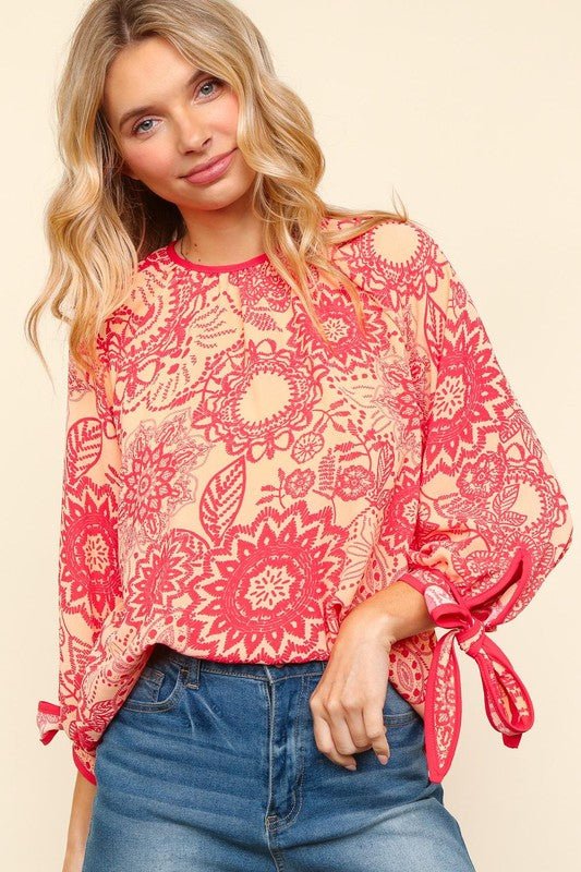 Haptics Ribbon Bow Detail Floral Round Neck Blouse Chic - Love Salve