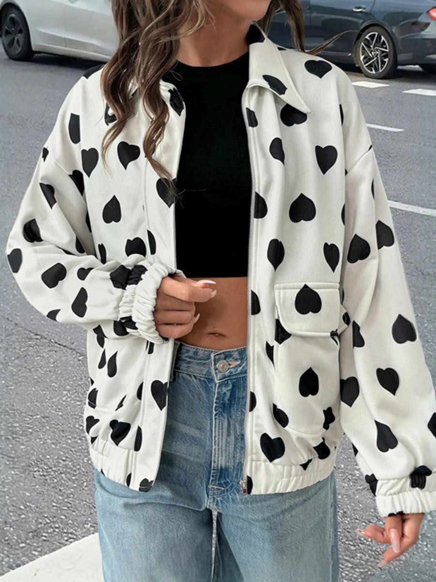 Heart Print Zip Up Jacket - Love Salve