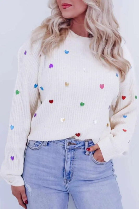 Heart Sequin Round Neck Long Sleeve Sweater - Love Salve