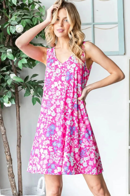 Heimish Full Size Floral V-Neck Tank Dress with Pockets - Love Salve