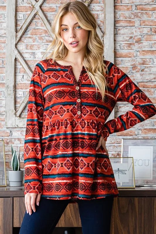 Heimish Full Size Geometric Button Detail Long Sleeve Top - Love Salve
