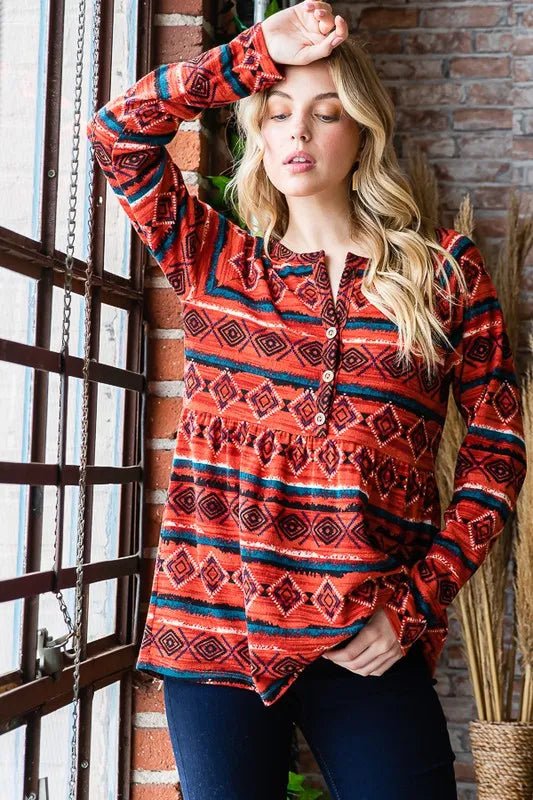 Heimish Full Size Geometric Button Detail Long Sleeve Top - Love Salve