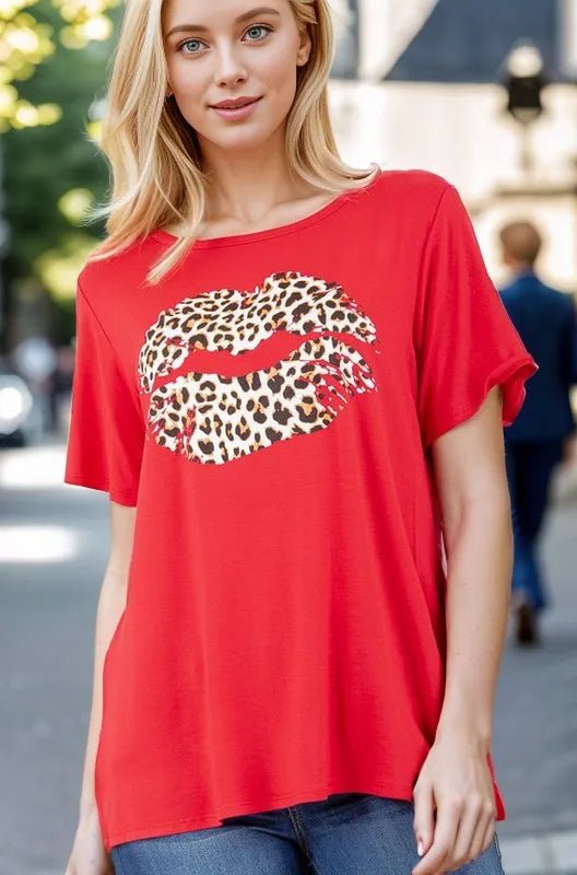 Heimish Full Size Leopard Lip Round Neck T-Shirt Plus Size - Love Salve