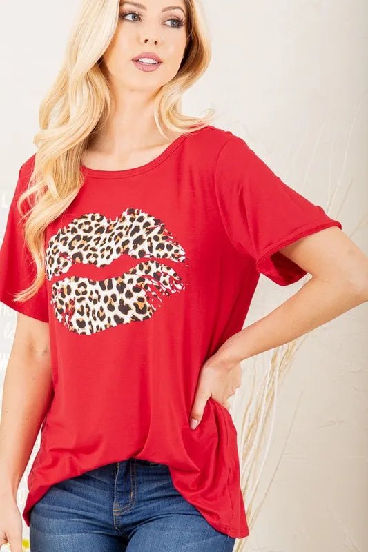 Heimish Full Size Leopard Lip Round Neck T-Shirt Plus Size - Love Salve