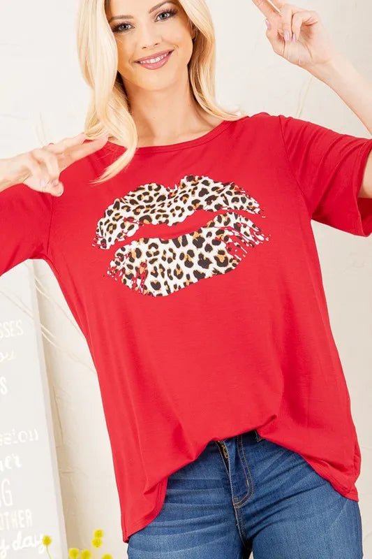 Heimish Full Size Leopard Lip Round Neck T-Shirt Plus Size - Love Salve