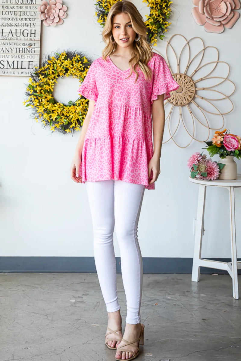 Heimish Full Size Leopard Ruffle Trim Short Sleeve Top - Love Salve
