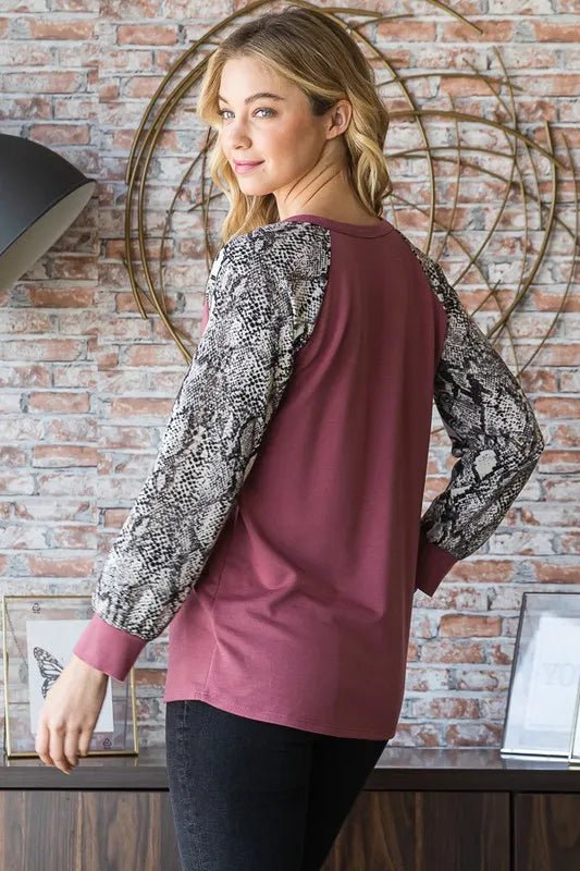 Heimish Full Size Snakeskin Print Raglan Sleeve Half Button Top - Love Salve