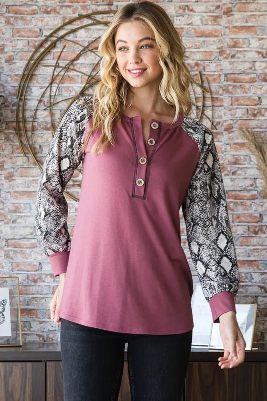 Heimish Full Size Snakeskin Print Raglan Sleeve Half Button Top - Love Salve