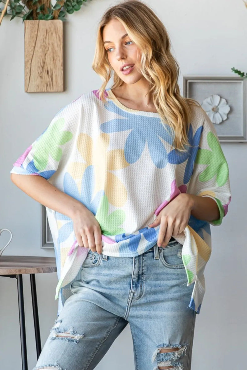 HOPELY Floral Round Neck Waffle T-Shirt for Women - Love Salve