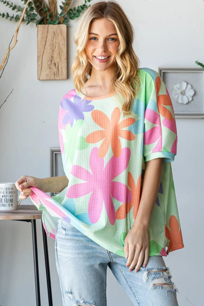 HOPELY Floral Round Neck Waffle T-Shirt for Women - Love Salve