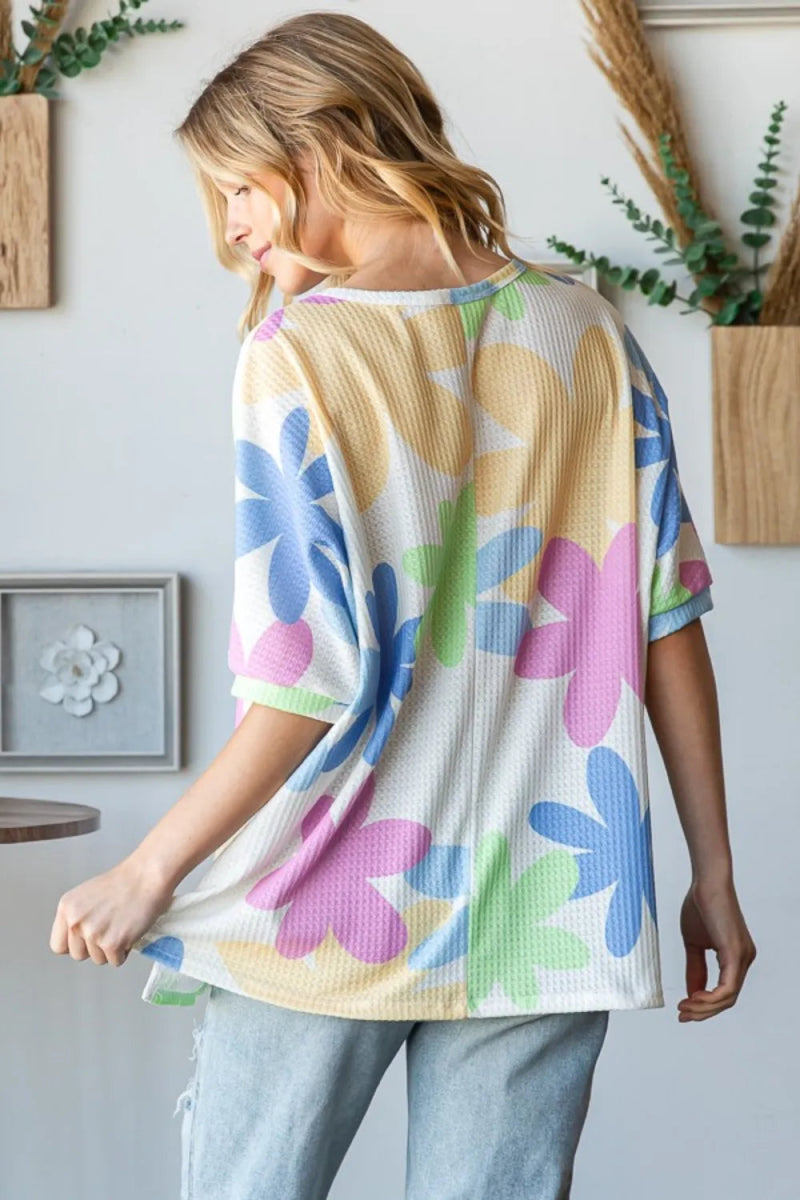 HOPELY Floral Round Neck Waffle T-Shirt for Women - Love Salve