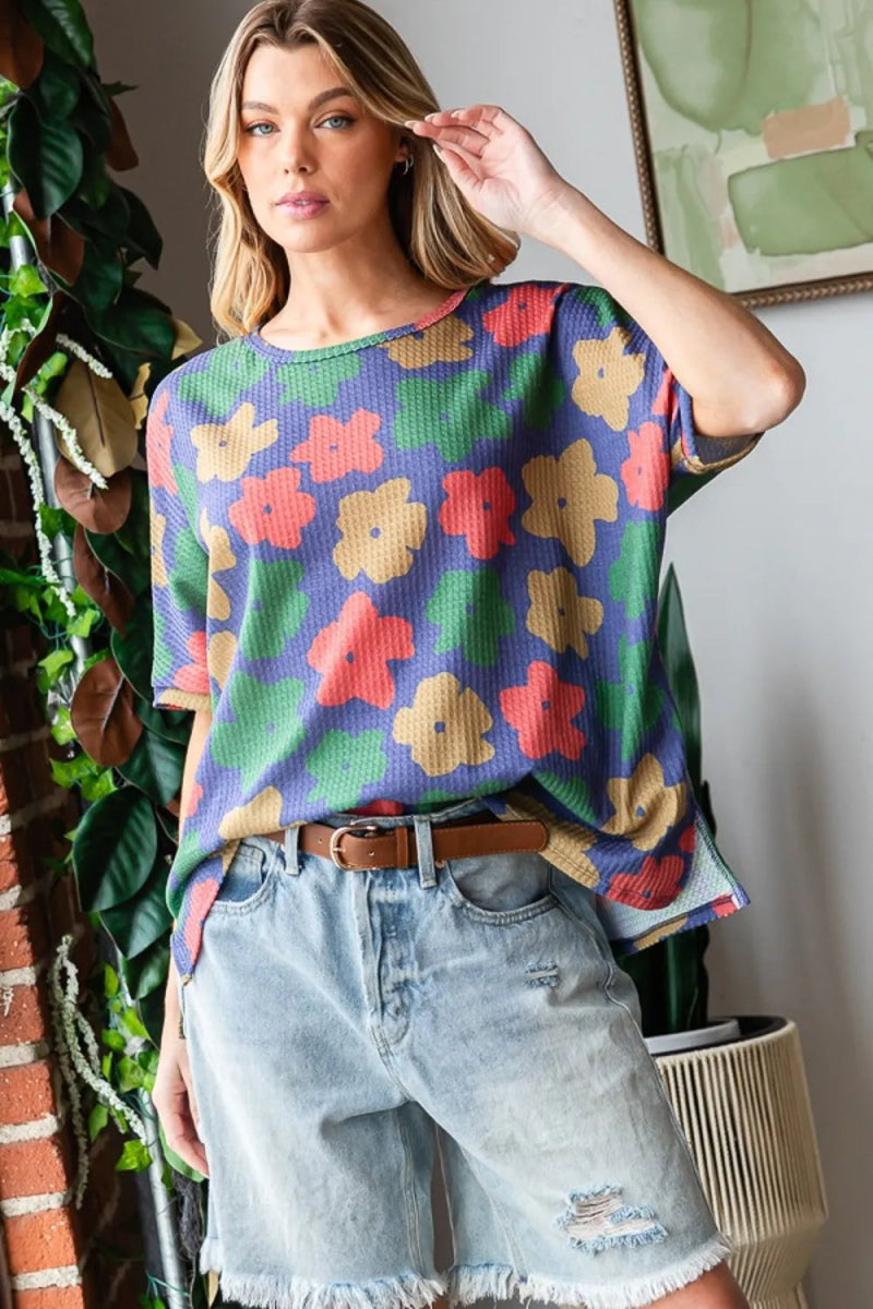HOPELY Full Size Floral Round Neck Side Slit T-Shirt for Women - Love Salve