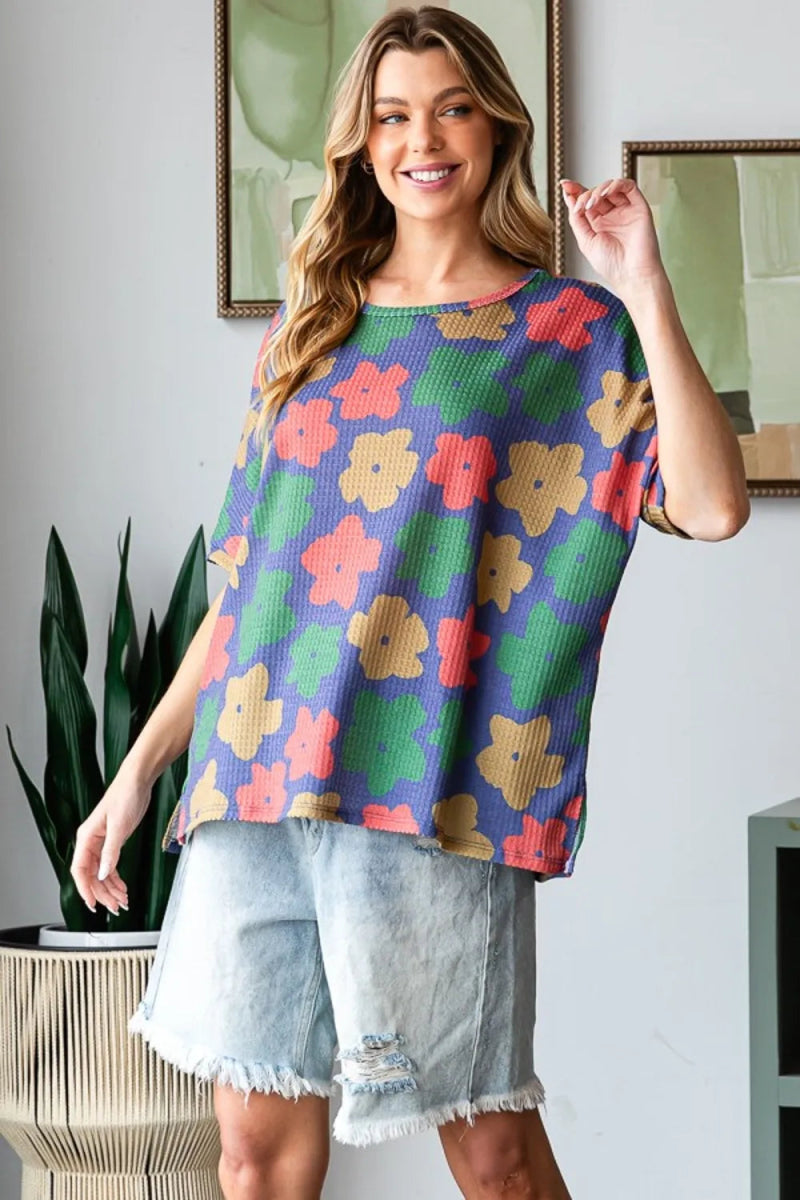 HOPELY Full Size Floral Round Neck Side Slit T-Shirt for Women - Love Salve
