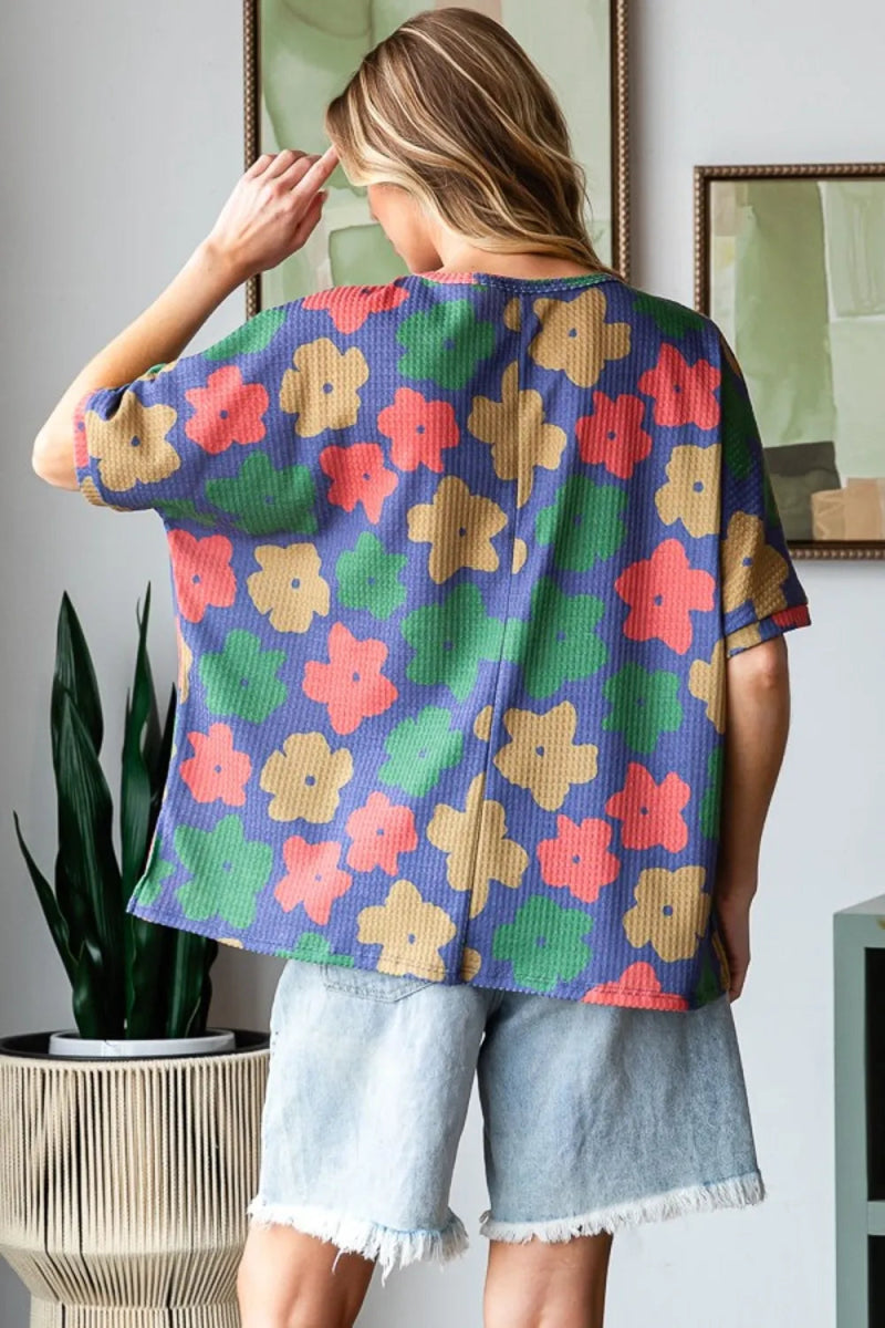 HOPELY Full Size Floral Round Neck Side Slit T-Shirt for Women - Love Salve