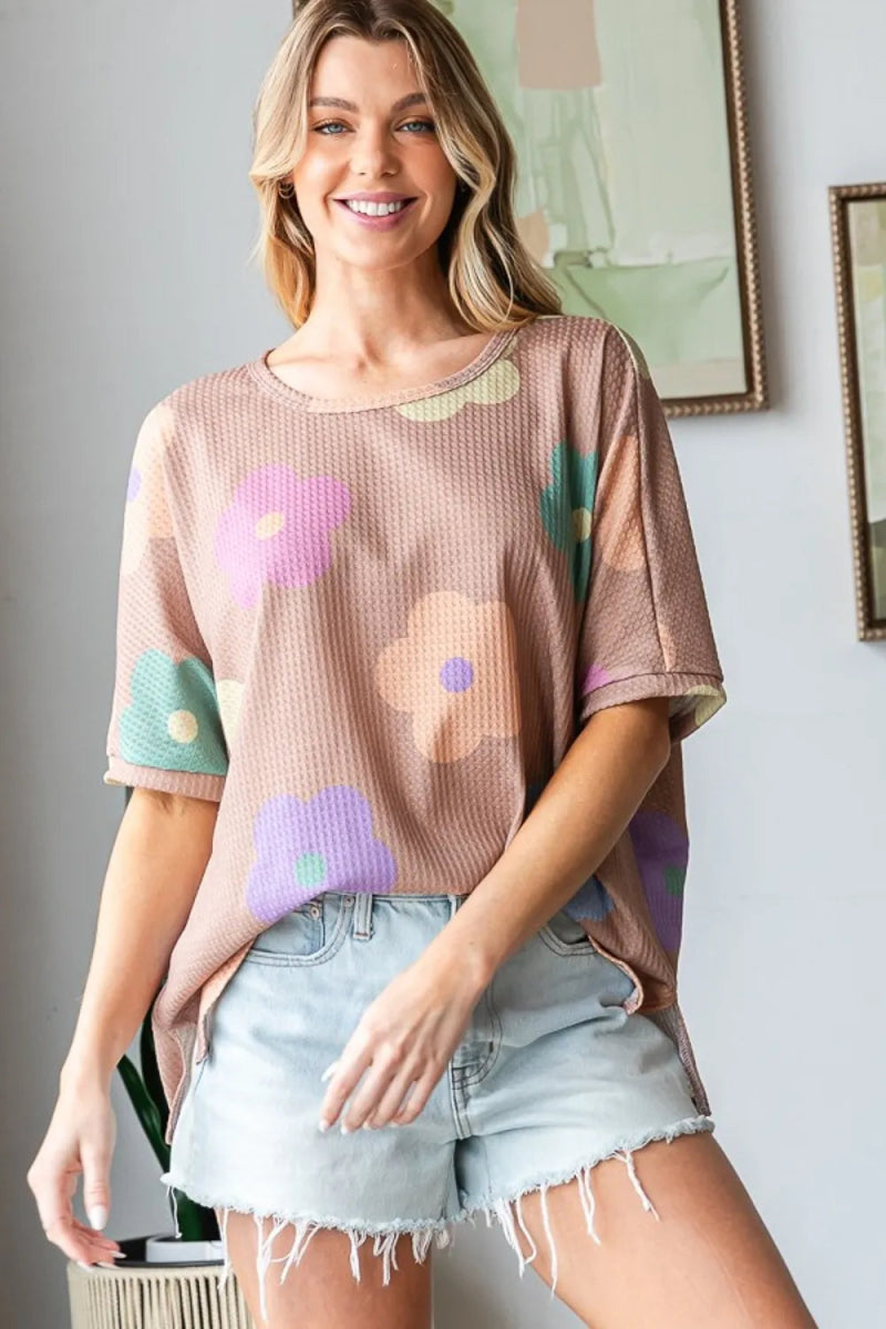 HOPELY Full Size Floral Round Neck Side Slit Waffle T-Shirt - Love Salve