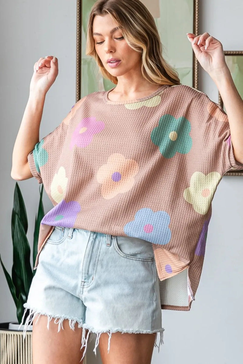 HOPELY Full Size Floral Round Neck Side Slit Waffle T-Shirt - Love Salve