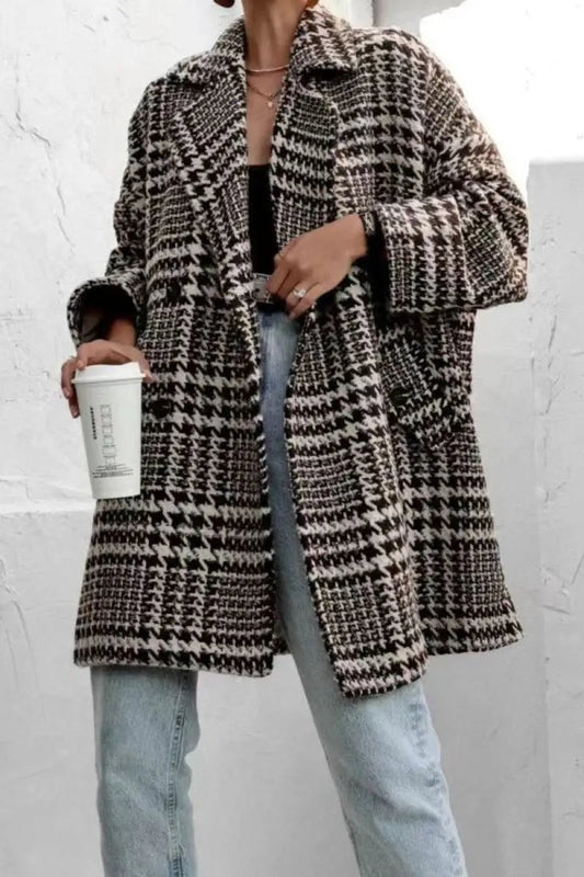 Houndstooth Collared Neck Long Sleeve Coat with Pockets - Love Salve